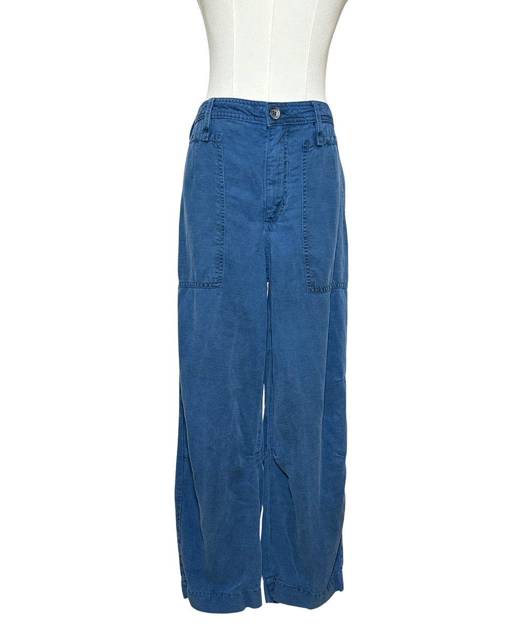 Anthropologie Relaxed Wide Leg Cargo Pants Ankle Length Blue Linen Blend Size 27